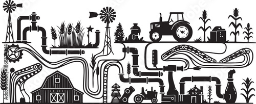 Farm landscape with tractor and winding roads illustration