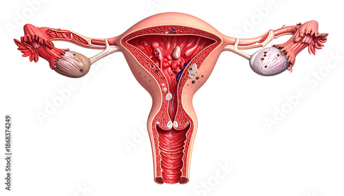 Detailed anatomical illustration of the female reproductive system showing uterus, fallopian tubes, ovaries, and multiple uterine fibroids.