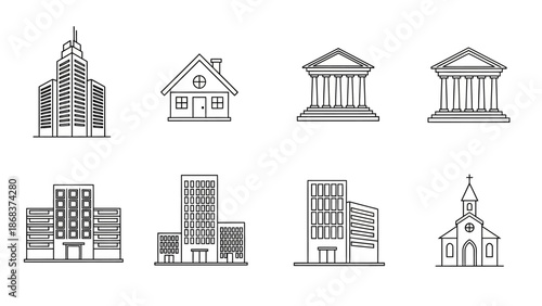 Minimalist line art illustrations of various building structures including skyscrapers, houses,