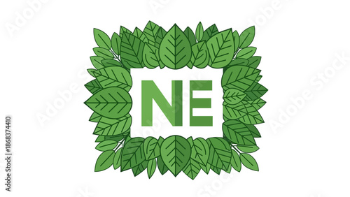 Creative Nature-Themed Logo Design Featuring a Frame of Green Leaves Surrounding the Central Text NE
