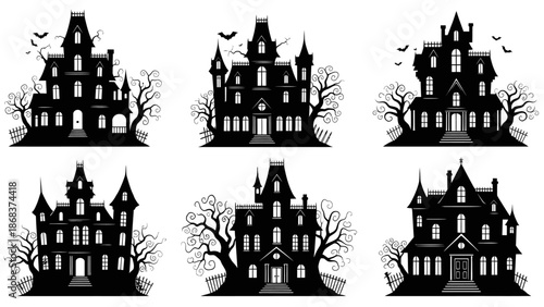 Spooky Halloween Haunted Houses with Creepy Trees and Flying Bats Illustration