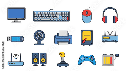 Computer accessories and gaming equipment icon set for technology marketing and design projects