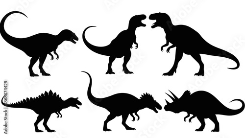 Six black silhouettes of various prehistoric dinosaurs including a T-Rex, Stegosaurus, and Triceratops, isolated on a white background.