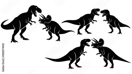 Black silhouettes of various dinosaurs, including T-Rex and Triceratops, depicted in pairs on a white background.