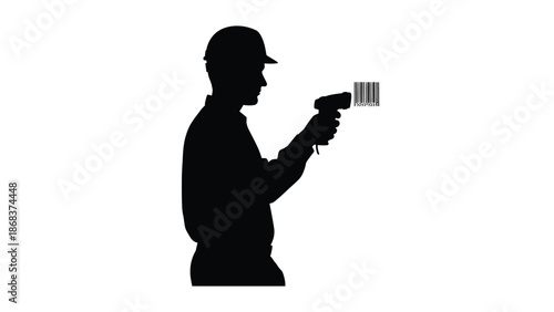 Silhouette of warehouse worker wearing hard hat scanning a product barcode with a handheld device