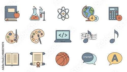 educational icons related to science arts and learning tools in a colorful flat design