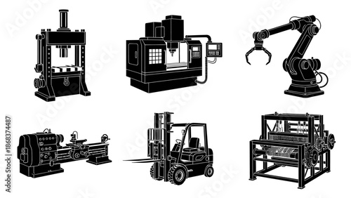 Illustration of Various Industrial Machines and Equipment Used in Manufacturing Processes