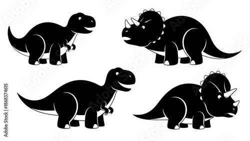 Four black cartoon dinosaur silhouettes, two T-Rex and two Triceratops, facing different directions on a white background.