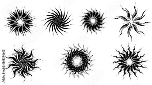 Collection of eight intricate black and white abstract floral swirl designs with varying patterns