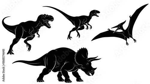 Detailed black silhouettes of four prehistoric creatures: Tyrannosaurus Rex, Velociraptor, Triceratops, and Pterodactyl, representing ancient life forms.