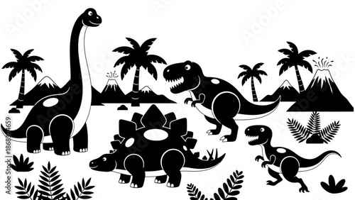Black and white cartoon illustration of various dinosaurs in a prehistoric landscape with volcanoes and palm trees.