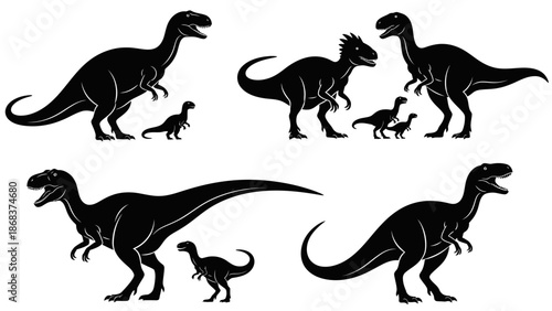 Black silhouettes of various dinosaur species, including adult and baby prehistoric creatures, set against a white background.