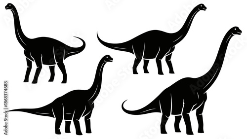 Four black silhouettes of long-necked dinosaurs, possibly sauropods, standing in various poses against a white background.