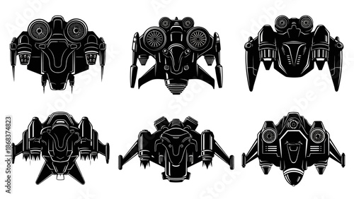Collection of futuristic black spaceship illustrations in various aerodynamic designs