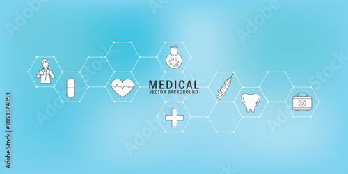 Abstract medical background with flat icons and symbols. Concepts and ideas for healthcare technology, innovation medicine, health, science and research