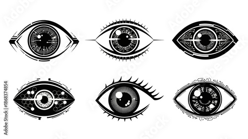Set of six futuristic cybernetic eye illustrations showcasing diverse technological designs
