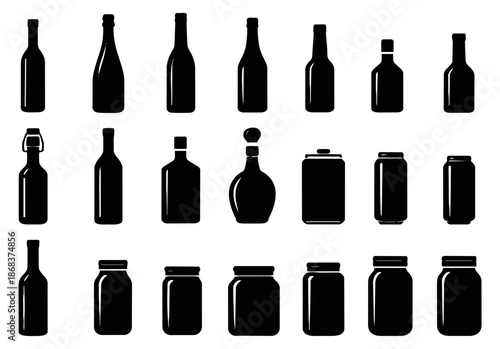 Classic silhouette container set featuring various bottles, cans, and jars for packaging, beverages, and storage concepts