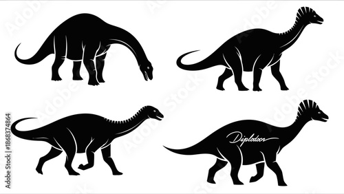 Four black silhouette illustrations of various prehistoric dinosaurs, including a sauropod and crested ornithopods, on a white background.