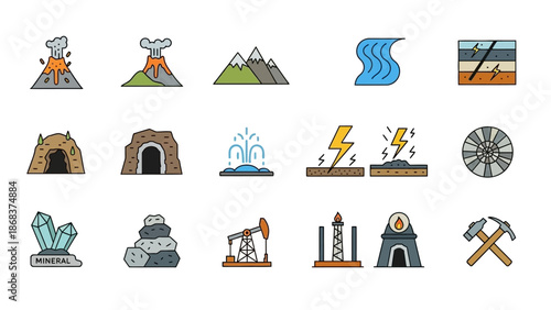 Collection of volcanic, mountain, and industrial icons representing natural and human-made features
