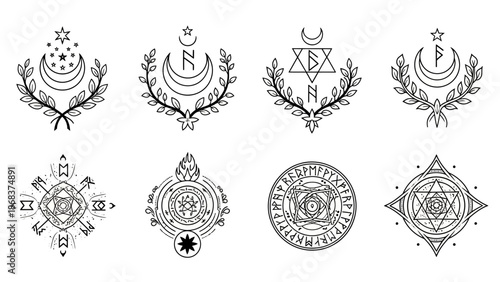 Set of mystical and esoteric symbols featuring celestial motifs and geometric designs for