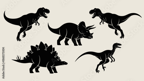 Silhouettes of various prehistoric dinosaurs including Tyrannosaurus Rex, Triceratops, Stegosaurus, and Velociraptor.