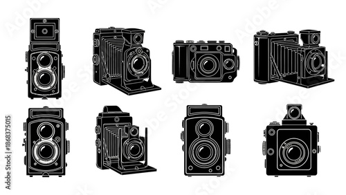 Collection of Vintage Camera Illustrations in Black Silhouettes for Photography Enthusiasts
