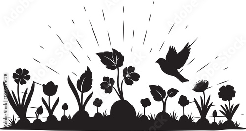 Black Silhouette of Flowers and Bird in Flight
