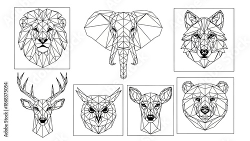 Stylized geometric line art illustrations of various animals including lion elephant wolf deer owl