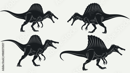 Four black Spinosaurus dinosaur silhouettes in various poses, depicted as vector illustrations on a white background.