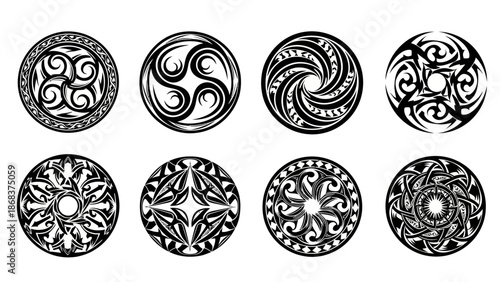 Collection of intricate black and white Celtic tribal circle patterns for design and decor
