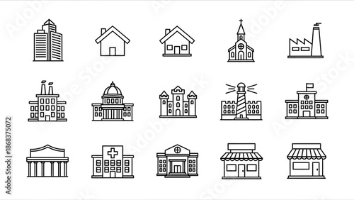 Collection of 15 diverse architectural building icons in minimalist outline style for design