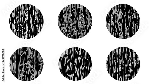 Abstract black and white circular patterns resembling wood grain textures collection