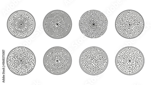 Maze patterns variety collection with intricate circular labyrinth designs for puzzles and
