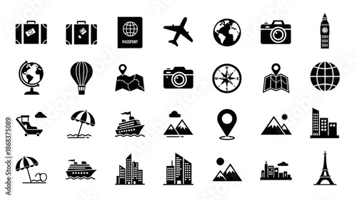 Collection of travel and exploration icons including passports planes and landmarks for travel