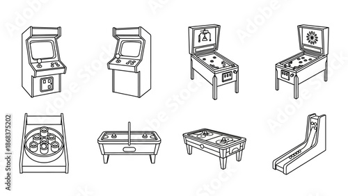 Collection of classic arcade game machines and pinball machines illustration
