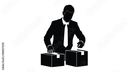 Businessman silhouette casting a vote or ballot into one of two separate collection boxes