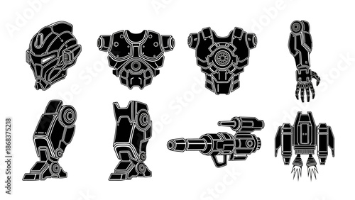 Futuristic robotic armor and limb designs in black and white illustrating advanced technology