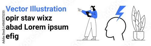 Woman holding tablet and pointing, creative head profile with lightning bolt symbol, and potted plant. Ideal for innovation, business ideas, creativity, education, tech, mindfulness simple landing