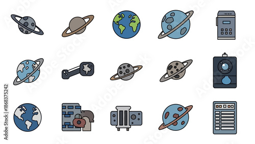 Collection of space-themed icons representing planets planets and astronaut tools in flat style