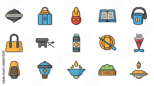Collection of diverse travel and outdoor adventure icons including backpacks, cameras, and food