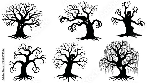 Various Artistic Tree Silhouettes Featuring Unique Branch and Root Structures for Creative Design