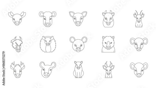 Collection of Minimalist Animal Line Art Icons Featuring Various Wildlife and Domestic Creatures