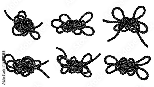 Collection of Black Rope Knots in Different Styles for Craft and Decoration Purposes
