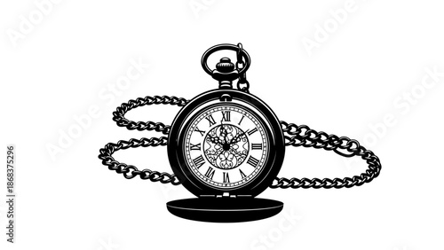Vintage pocket watch with chain on a white background showcasing classic design and intricate