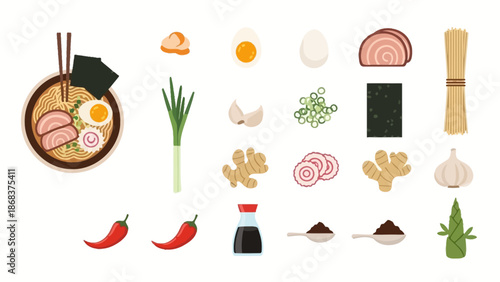 Assorted Japanese cuisine ingredients and traditional dishes including ramen noodles, eggs,