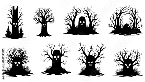 Creative Halloween-themed Tree Silhouettes with Spooky Faces and Unique Designs