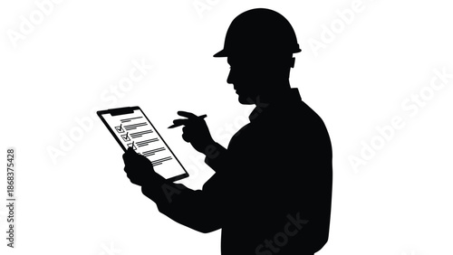 Silhouette of construction worker in hard hat reviewing a completed safety inspection checklist on clipboard