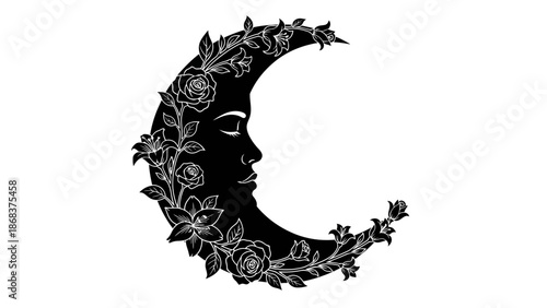 Elegant black and white floral moon with serene profile for aesthetic design inspiration