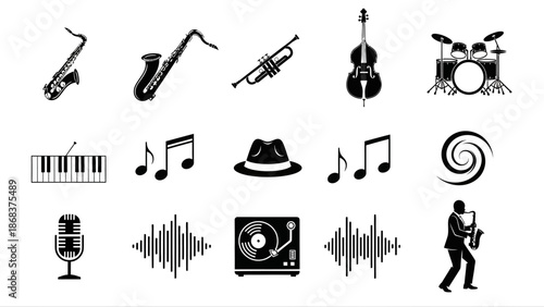 Collection of musical instruments and equipment icons in black and white minimalist style