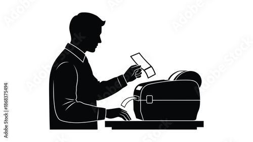 Silhouette of businessman inserting document into a modern office paper shredder machine for disposal